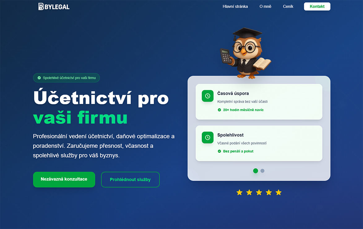 ByLegal web pro účetní služby s moderním designem se sovím maskotem