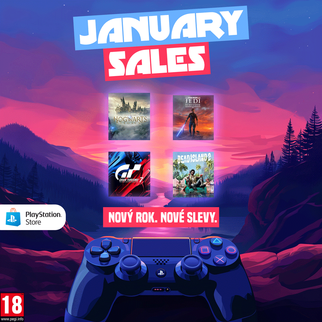 PlayStation Store lednové slevy grafika - akční banner s PlayStation kontrolerem PlayStation Store lednové slevy grafika - akční banner s PlayStation kontrolerem